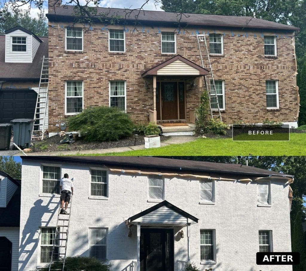 Limewash or Regular Paint? Here's What We Tell Our Customers 5 Before and after limewash application on a brick exterior home by Paint Philly in Bethlehem, PA